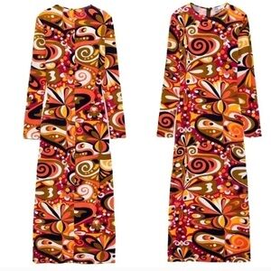 Zara Long Sleeve Geometric Floral Midi Dress - Boho Mod Abstract Print